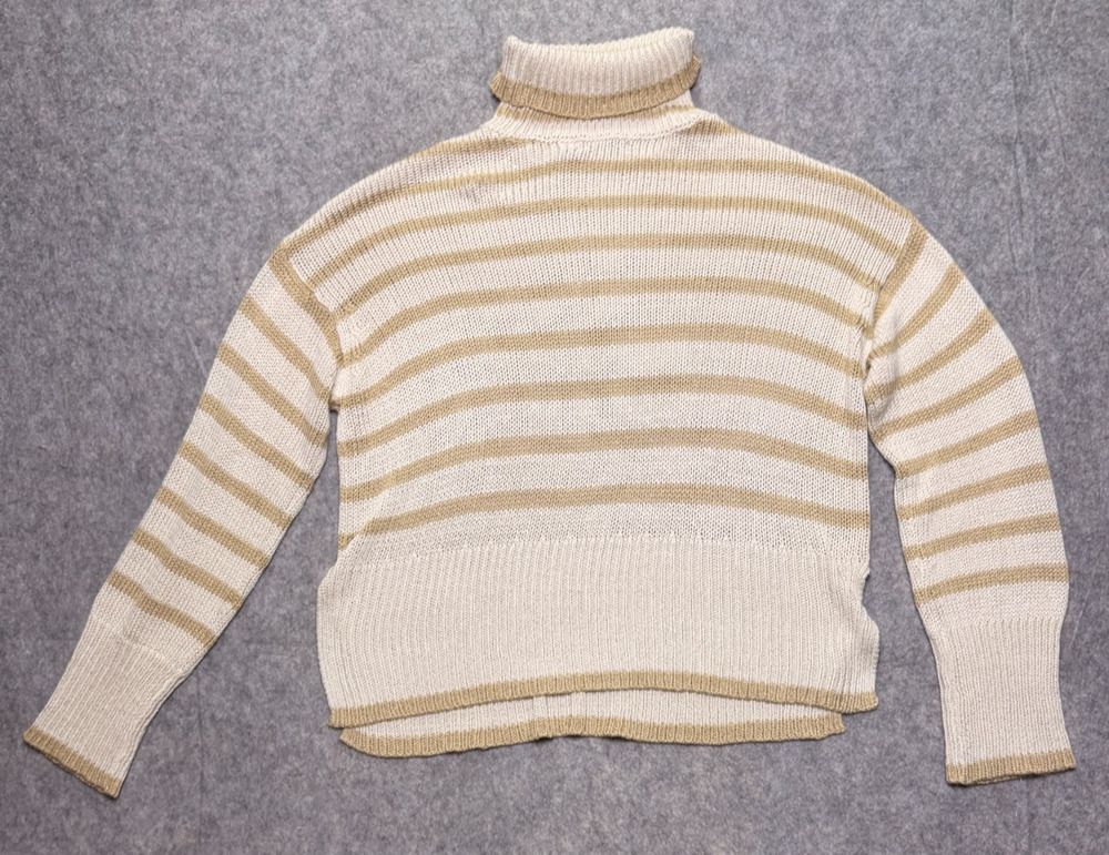 RDI Womens M Cream Tan Striped Turtleneck Sweater Oversized Pullover Side Slit